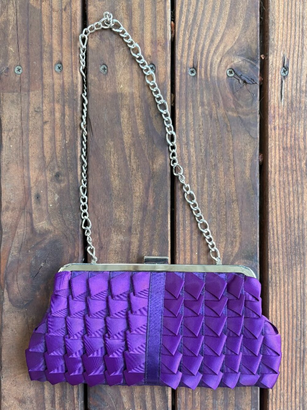 Jessica McClintock Purple Satin Ribbon Evening Clutch Chain Strap
